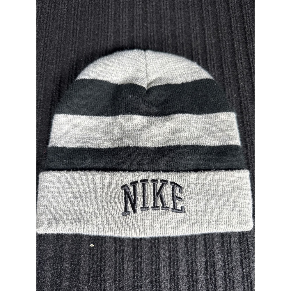 Nike Kids Boys Striped Knit Beanie Hat Gray Black Embroidered Logo